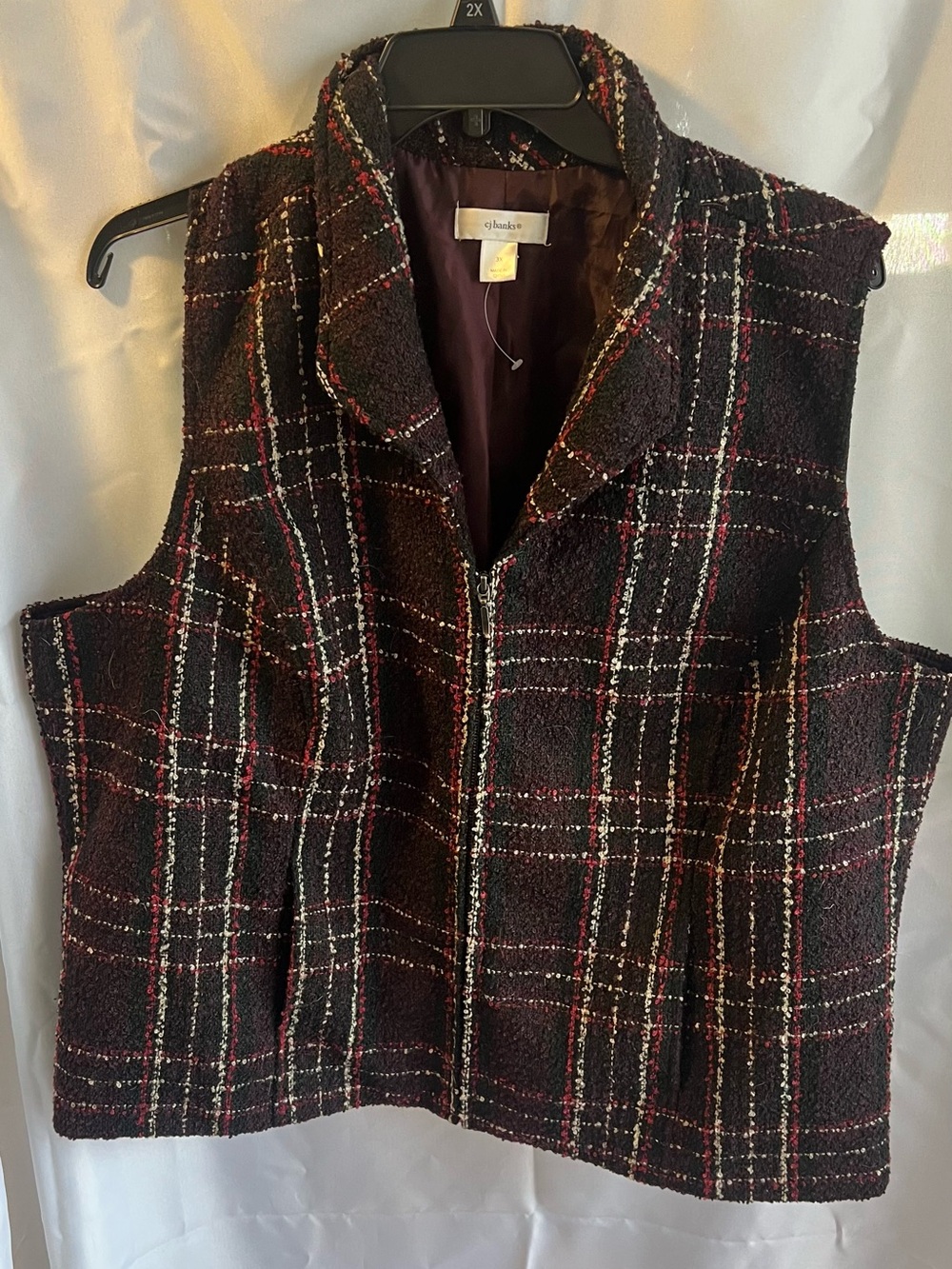CJ Banks Burgundy Plaid Zip-Front Vest